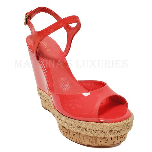 GUCCI SHOES HOLLIE PATENT LEATHER PLATFORM WEDGE ESPADRILLE SANDAL PINK 38.5 8.5 - Picture 4 of 12